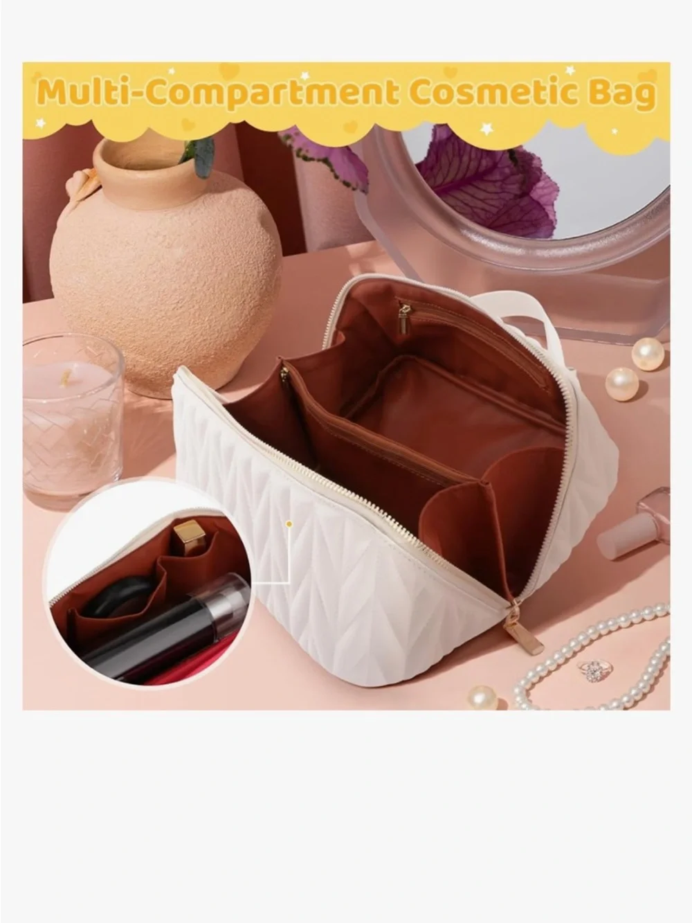 Quilted Handle Cosmetic Case - Cream - Picture 4 of 9